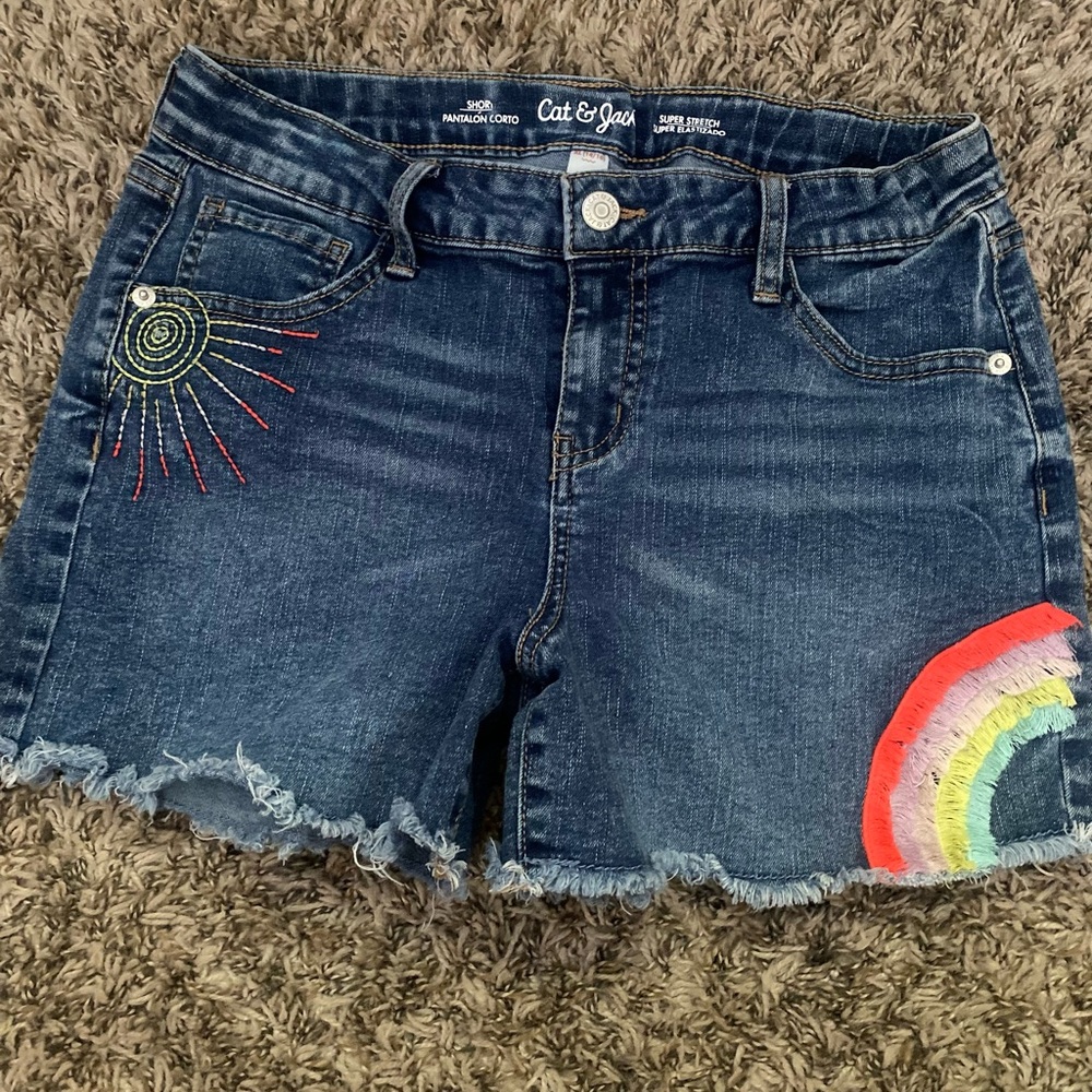 Cat & Jack Blue and Red Jean Shorts with Distressed Hem